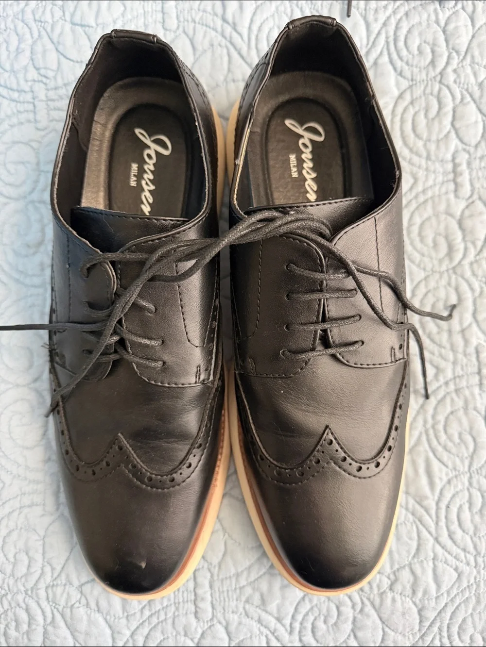 Joules Black Leather Wingtip Derbys with Tan Contrast Sole